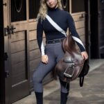 Woman in equestrian gear holding a saddle outside a stable.