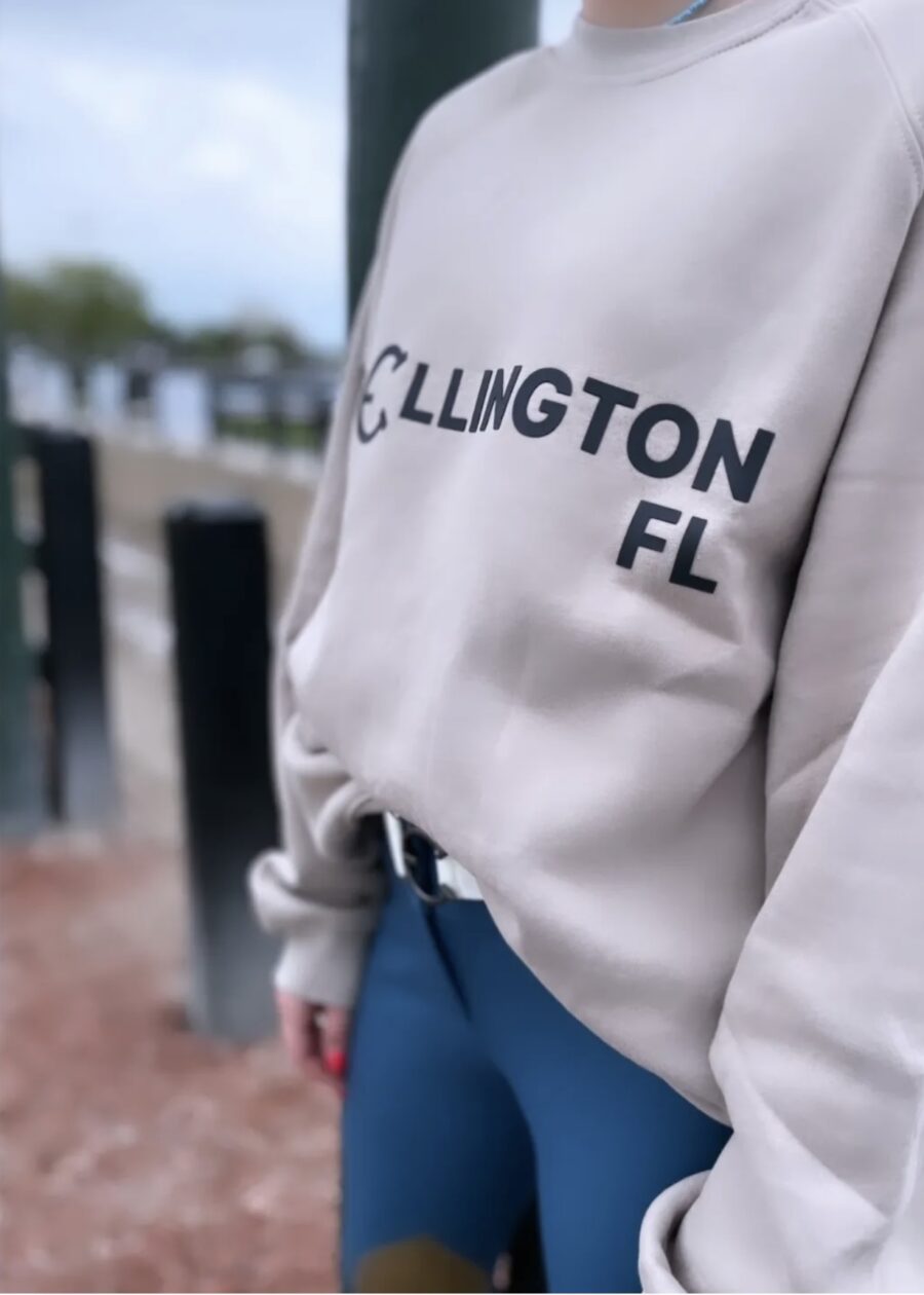Close-up of a beige sweatshirt with "ELLINGTON FL" text.