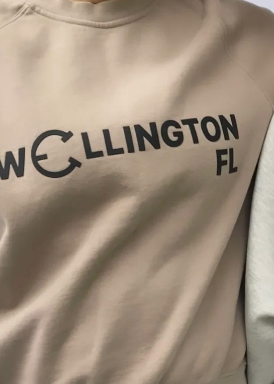 Close-up of a beige shirt with "Wellington FL" printed on it.