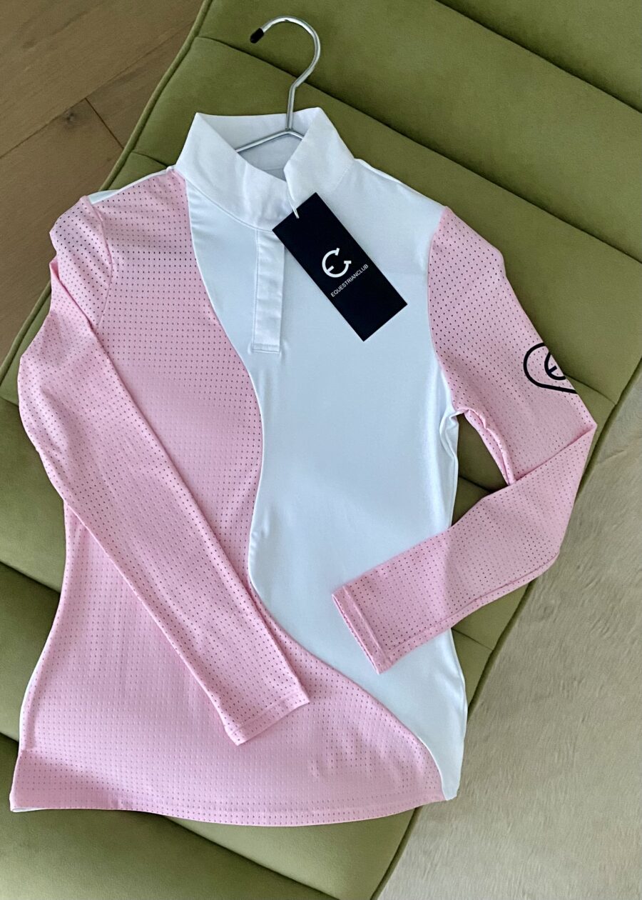 Pink and white long-sleeve polo shirt with logo tags.