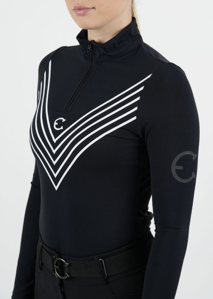 Black long-sleeve jacket with white V-shaped stripes and logos on chest and sleeve.